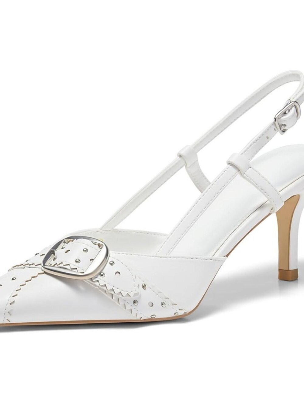 Coutgo Women's White Close Pointed Toe Slingback Buckle Ankle Strap Heels Shoes